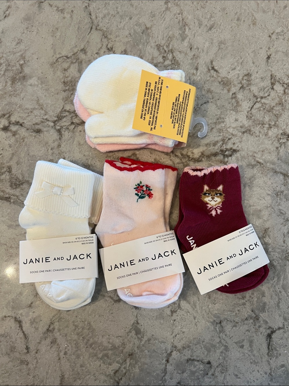 Janie and Jack Girls Sock Trio - White, Light Pink, Burgundy and mittens